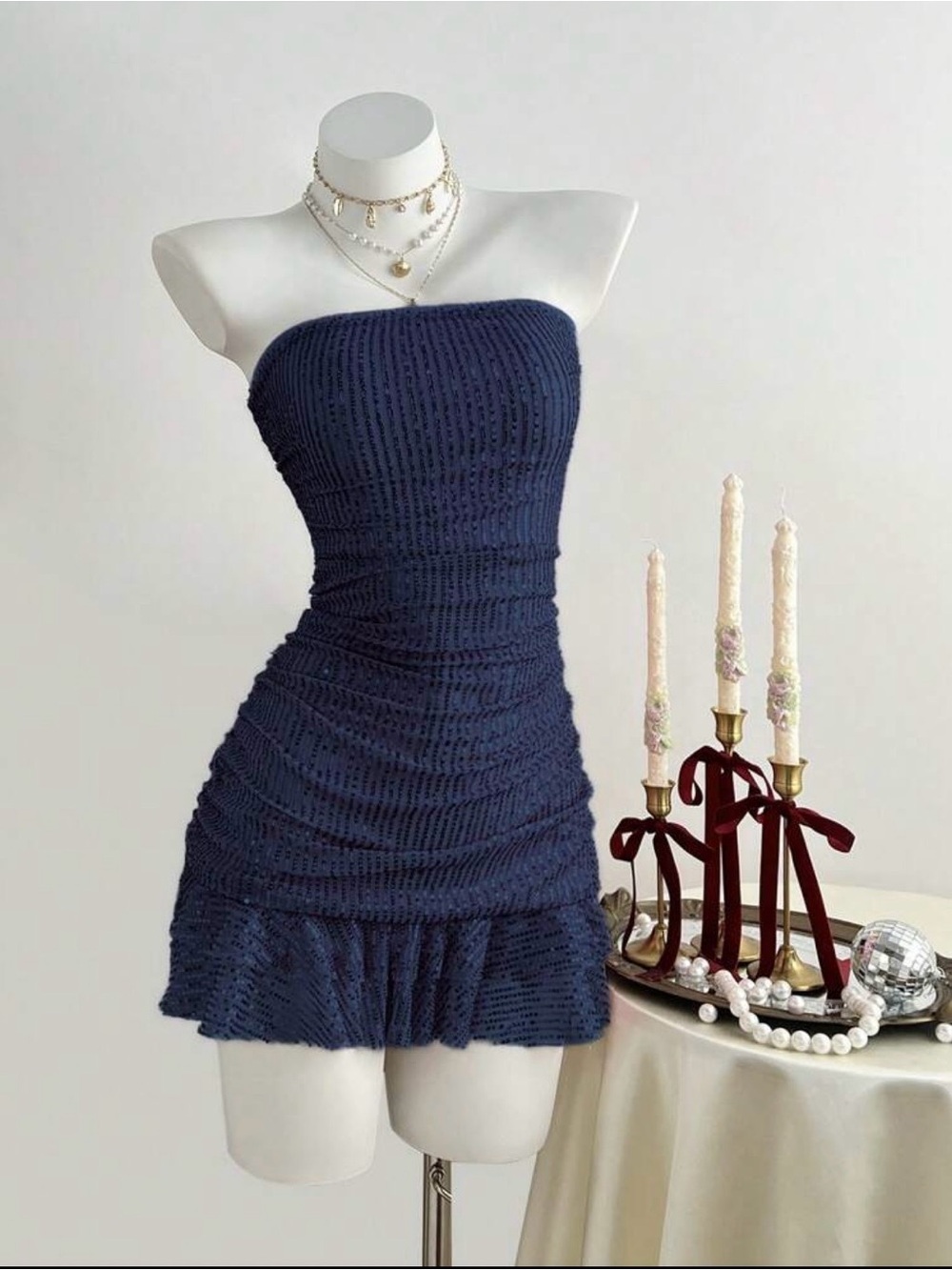 NWT SHEIN Women’s Unity Sequin Navy Blue Pleated Tube Dress
